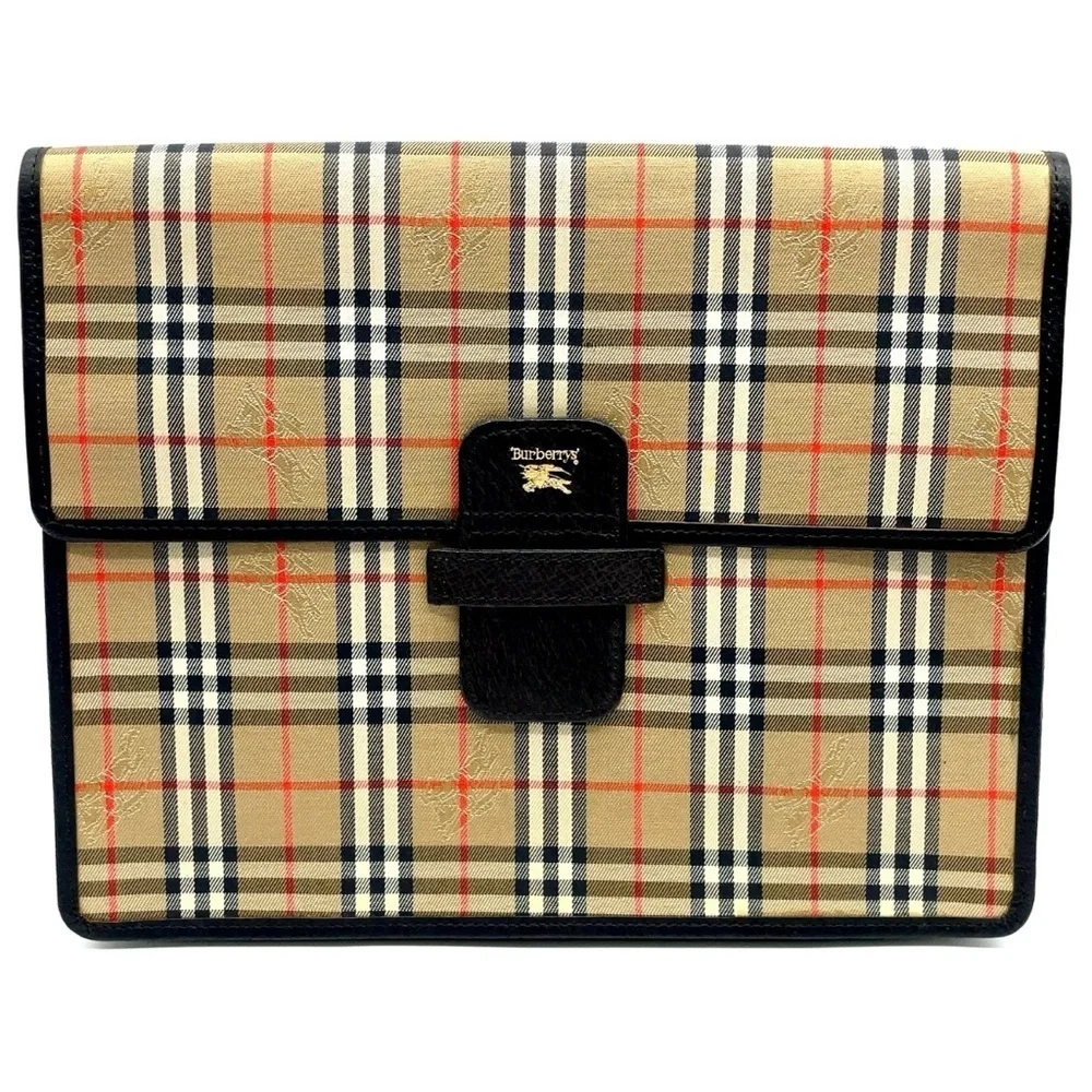 Auth Burberry Nova Check Shadow Horse Canvas Beige Clutch bag
